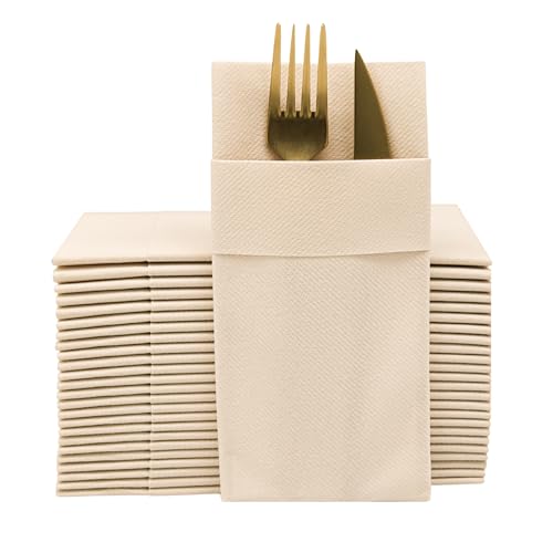 Moyes Home Beige Disposable Dinner Napkins with Pocket - Linen-Feel Pre-Folded Cloth-Like Paper Napkins for Silverware, Weddings, Dinner Parties, 16x16 in, Pack of 50 - color: Beige