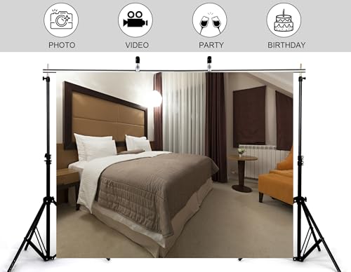 8x5ft Modern Hotel Bedroom Backdrop Cozy Neutral Tone Interior View Photography Background for Party Home Decor Themed Event Decorations Tapestry Photo Booth Props - size: 8x5ft