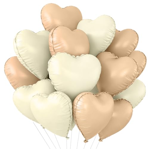 TONIFUL 30Pcs 18 Inch Caramel Cream White Balloons Cream White Heart Shape Foil Mylar Banners Decoration for Birthday Valentine's Day Wedding Bridal Shower Anniversary Engagement Party Supplies - color: Caramel Cream White