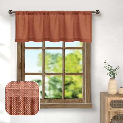 Boho Kitchen Valance for Windows 18 Inch Farmhouse Semi Sheer Cotton Linen Valance Curtain Topper for Living Room Country Rustic Bathroom Small Window Bohemian Fall Decor Terracotta Burnt Orange Rust - color: Terracotta