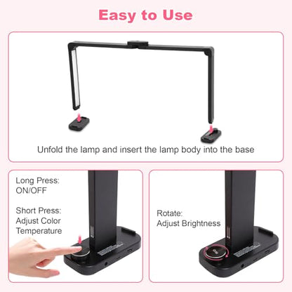 34in Half Moon Light for Nail Desk, Foldable LED Lamp for Nail Art, Tattooing, Craft Making, Stepless Dimming, 3000-6000K Color Temperature Adjustment, 456 Light Beads, Black - color: Black