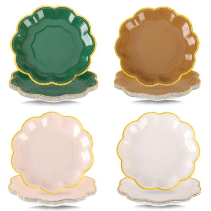 AimFun 48Pcs Woodland Scalloped Party Plates 7 Inch Sage Green Brown Disposable Dessert Plates Gold Foil Border Paper Plates for Birthday Baby Shower Wedding Forest Themed Party Supplies - color: Sage Brown