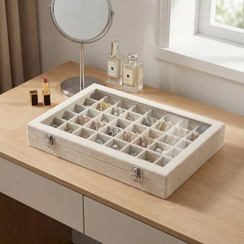 Velvet Jewelry Tray 48 Compartments Jewelry Box Display Organizer with Transparent Cover Earrings, Rings,Necklaces, Pendants Storage Box for Girls, Women,Wife, Mother(Beige) - color: 48 Grid