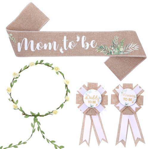 5pcs Neutral Burlap Dad to Be Pin Mom to Be Sash Baby Shower Decorations, Eucalyptus Baby Shower Sash Corsage Pin and Flower Crown Gender Reveals Party Decorations