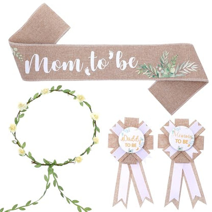 5pcs Neutral Burlap Dad to Be Pin Mom to Be Sash Baby Shower Decorations, Eucalyptus Baby Shower Sash Corsage Pin and Flower Crown Gender Reveals Party Decorations