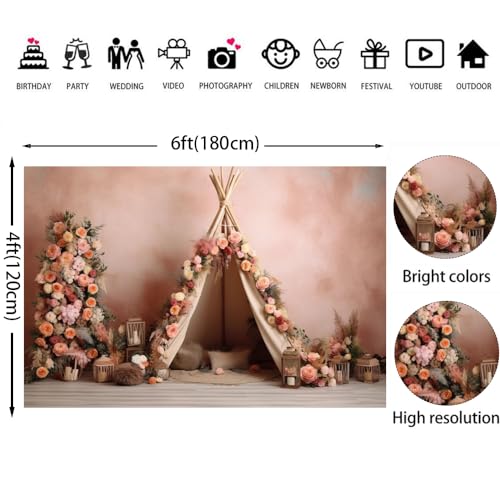 6x4ft Boho First Birthday Backdrop for Girl Pink Flowers Tent Decorations Photography Background Newborn Baby Shower Cake Smash Photoshoot Props - size: 6x4ft