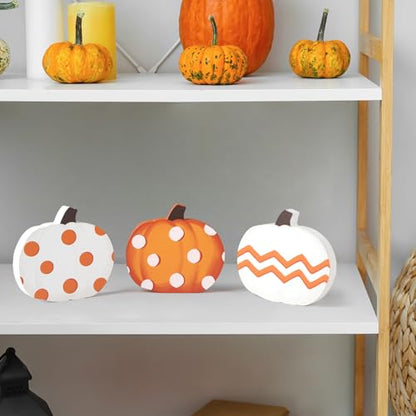 COCHIE Fall Pumpkin Decorations for Home Indoor, Thanksgiving Table Decor, Harvest Tabletop Decoration, Wooden Pumpkins Signs Block for Tiered Tray Party Shelf Display Set of 3 - style: Pumpkin