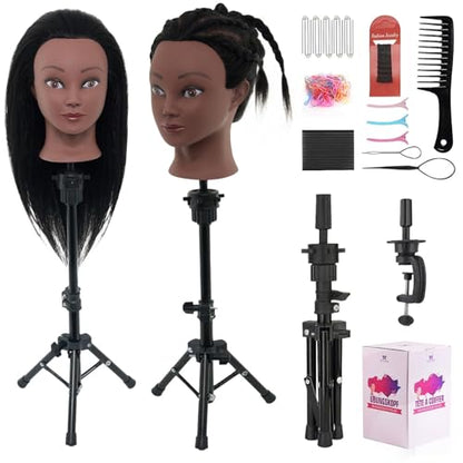 18" Mannequin Head Human Hair with Stand - 100% Real Human Hair Mannequin Head for Braiding, Cosmetology Manikin Doll Head for Hair Styling with Tripod Stand Table Clamp Hair Braiding Set,Black - color: Black&Tripod