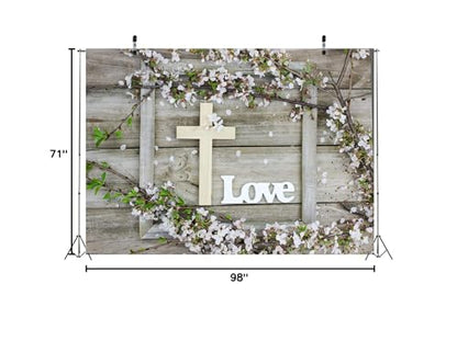 BELECO 8x6ft Fabric Rustic Wooden Board Wood Cross Backdrop Word Love and Spring Tree Blossoms Flower Petals Backdrop Jesus Background Christian Church Event Party Decor Easter Kids Photo Studio Props - size: 8x6FT