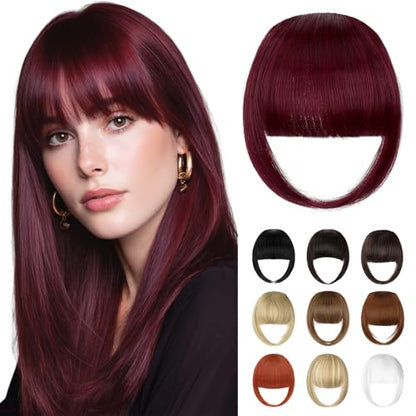 Bangs Hair Clip in Bangs, French Wine Red Fake Bangs Hair Clip on Bangs for Women Fringe with Temples Hairpieces Faux Bangs for Daily Wear - color: Wine Red