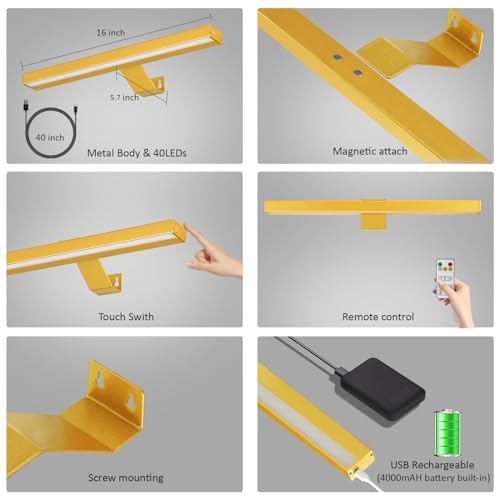 MIOBLUE Wireless Picture Lights with Remote - Rechargeable Battery Art Display Light - 16" Full Metal Accent Light for Paintings - color: -Gold, size: 16inch