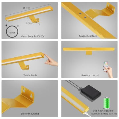 MIOBLUE Wireless Picture Lights with Remote - Rechargeable Battery Art Display Light - 16" Full Metal Accent Light for Paintings - color: -Gold, size: 16inch