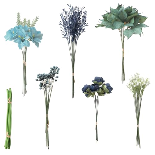 Floroom Artificial Greenery Stems Box Set, 59pcs with 8 Kinds of Faux Greenery Flowers Picks for DIY Bridal Bouquets Wedding Floral Arrangement Table Centerpieces, Navy & Dusty Blue - color: Navy & Dusty Blue