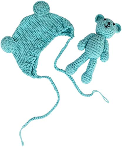 Newborn Baby Photo Shoot Props Boys Girls Crochet Knitted Hat Bear Hat Beanie with Bear Dolls Photography Props - color: Blue
