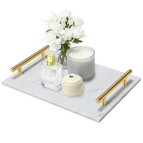 MAOPINER Marble Stone Decorative Perfume Tray with Copper Color Metal Handles, Handmade Jewellery Catchall Trinket Tray for Counter, Vanity, Dresser, Nightstand and Desk (White) - color: White