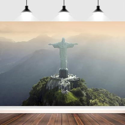 9x6ft Christ The Redeemer Backdrop Famous Place in Rio de Janeiro Brazil Historical Architecture Photography Background Holiday Vacation Travel Party Decorations Photo Studio Props - size: 9x6ft