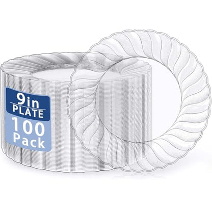 U-QE 100 Pieces Clear Plastic Plates - 9 Inch Clear Disposable Plates - Washable & Reusable - Premium Hard Plates - Party Supplies for Birthdays, Celebrations, Travel, Wedding, Party and Events - color: 9Inch-100pcs-Clear