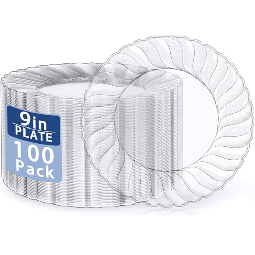 U-QE 100 Pieces Clear Plastic Plates - 9 Inch Clear Disposable Plates - Washable & Reusable - Premium Hard Plates - Party Supplies for Birthdays, Celebrations, Travel, Wedding, Party and Events - color: 9Inch-100pcs-Clear