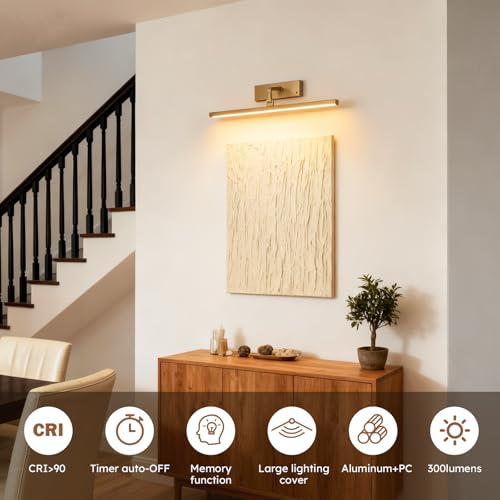 Picture Light for Wall Painting Lighting,Remote Control Art Display Light,3 Lighting Colors Brightness Dimmable Timer Auto-Off,High Lighting Your Gallery Poster Portrait Frame Dartboard - color: Gold