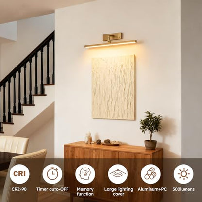 Picture Light for Wall Painting Lighting,Remote Control Art Display Light,3 Lighting Colors Brightness Dimmable Timer Auto-Off,High Lighting Your Gallery Poster Portrait Frame Dartboard - color: Gold