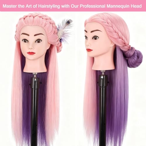 Mannequin Head with Hair, Beauty star 29" Cosmetology Doll Dressing Head for Hair Styling, Manikin Head to Hairstylist Practice on, Hairdressing Training Braiding Heads with Clamp Stand - color: Pink
