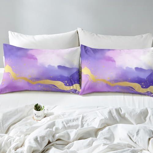Feelyou Purple Golden Marble Texture Bed Sheets Set Purple Golden Gradient Fitted Sheet Smoke Marble Art Bedding Set for Boys Girls Golden Streaks Bed Cover Queen Size 3Pcs Bed Set - color: Multi 22, size: Queen