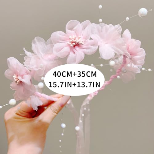 Adjustable Flower Crown Headband for Women - Floral Garland Hair Wreath with Crystal Accents Perfect for Weddings Flower Wands Photo Props (Pink Flower Beaded, Adjustable) - color: Pink Flower Beaded