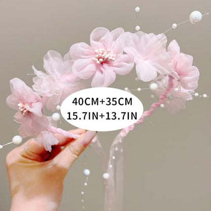 Adjustable Flower Crown Headband for Women - Floral Garland Hair Wreath with Crystal Accents Perfect for Weddings Flower Wands Photo Props (Pink Flower Beaded, Adjustable) - color: Pink Flower Beaded