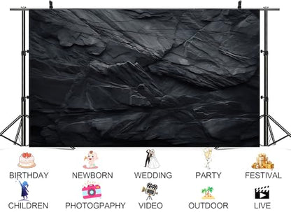 10x7ft Dark Layered Rock Texture Backdrop Black Slate Stone Surface Scene Background Tapestry for Industrial Event Minimalist Shoot Photography Decorations Photo Studio Props - size: 10X7ft