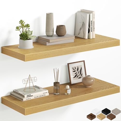 12 Inch Deep Floating Shelves, 32W x 12D Floating Shelf for Books, Rustic Wood Deep Wall Shelves for Home Storage & Display, 1.5" Thicked Shelves for Kitchen, Living Room, Bedroom, Oak, 2 Pack - color: Oak, size: 32 Inch, Set of 2