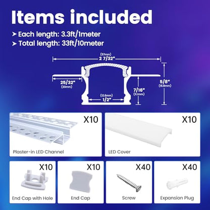 Muzata 10Pack 3.3FT/1M Plaster-In LED Channel Trimless Recessed LED Strip Diffuser Channel Spotless Deeper Wider for Drywall Ceiling Wall U117 WW 1M - size: 10pack*1m/3.3ft