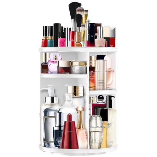 Makeup Organizer 360 Rotating Cosmetic Organizer DIY Adjustable Makeup Carousel Spinning Holder Rack, Large Capacity Cosmetic Storage Box Makeup Brushes Organizer for Vanity Countertop (White) - color: White