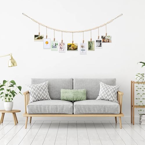 Jetec 2 Pieces Photo String with Clips, 4 Ft Boho Wooden Bead Garland Photo Display Frame for Dorm Room Bedroom Classroom Cubicle Decor, Hanging Picture Holder, Teacher Nurse Appreciation Gifts