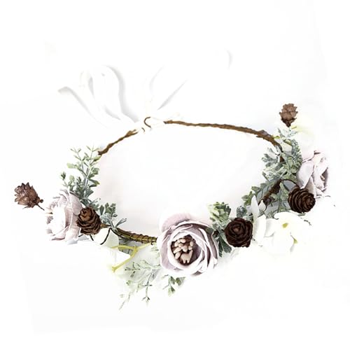 Vintange Flower Headband, Purple Flower Pine Cone Wreath, Women Boho Headpiece, Floral Crown for Bridal Wedding Party Festivals Photo Props
