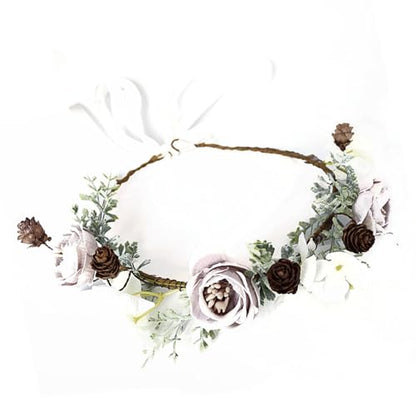 Vintange Flower Headband, Purple Flower Pine Cone Wreath, Women Boho Headpiece, Floral Crown for Bridal Wedding Party Festivals Photo Props