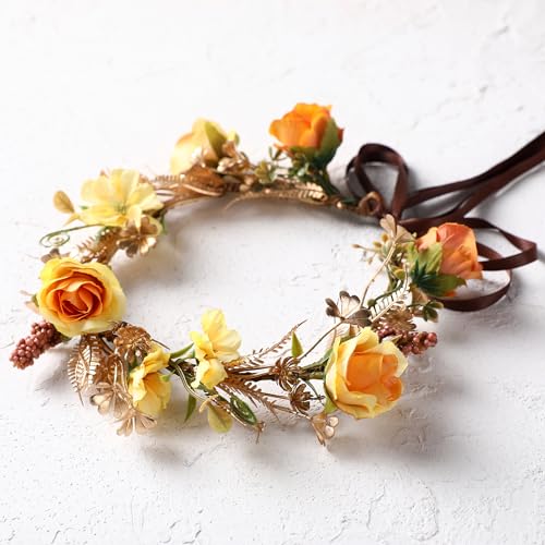 Fairy Rose Flower Crown - Golden Leaves Autumn Yellow Flower Headband Fashion Boho Bridal Floral Headpiece Women Girls Vacation Party Festival Photo Prop - color: Orange