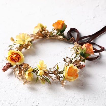 Fairy Rose Flower Crown - Golden Leaves Autumn Yellow Flower Headband Fashion Boho Bridal Floral Headpiece Women Girls Vacation Party Festival Photo Prop - color: Orange
