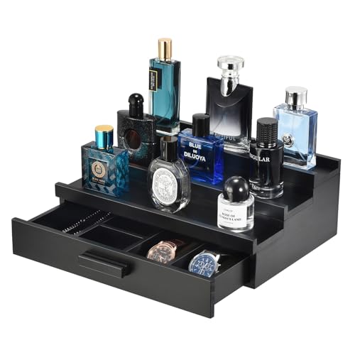 Perfume Organizer for Men, 3 Tier Wood Perfume Display Stand with Velvet Lining Drawer and Hidden Compartment for Watch,Jewelry,Perfume Display Risers,A Gift for Men (Black) - style: 3 Tier - Black