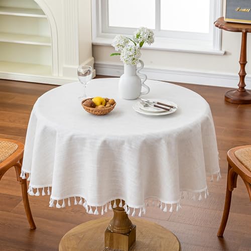 JIALE Textured Tablecloths, Heavy Duty Cotton Linen Farmhouse Table Cloth Round Table, Waterproof Wrinkle-Free Rectangle Tablecloth for Kitchen, Dining, Parties, 55"x55", Ivory - color: Ivory Tassel, size: 55" (Round)
