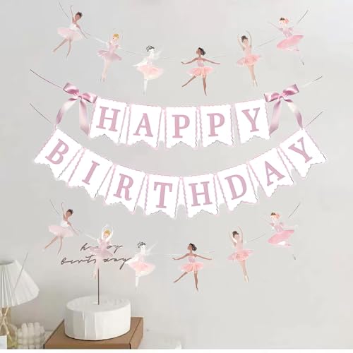 JENSENLIN Ballet Birthday Party Decorations Set,Pink Happy Birthday Banner with Ballerina Garland, Aesthetic Beauty Dance Theme Photo Props, 4 Pieces.