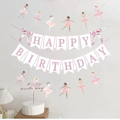 JENSENLIN Ballet Birthday Party Decorations Set,Pink Happy Birthday Banner with Ballerina Garland, Aesthetic Beauty Dance Theme Photo Props, 4 Pieces.