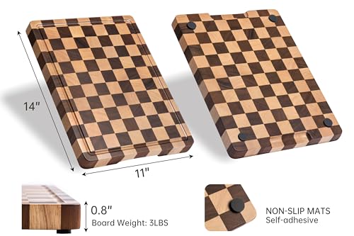 THETCHRY Cutting Boards for Kitchen, Checkered Cutting Board End Grain, Acacia Wooden Chopping Board with Juice Groove & Handle, Serving Tray for Meat, Bread & Fruit, 14"L x 11"W x 0.8"Th - size: 14"L x 11"W