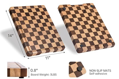 THETCHRY Cutting Boards for Kitchen, Checkered Cutting Board End Grain, Acacia Wooden Chopping Board with Juice Groove & Handle, Serving Tray for Meat, Bread & Fruit, 14"L x 11"W x 0.8"Th - size: 14"L x 11"W