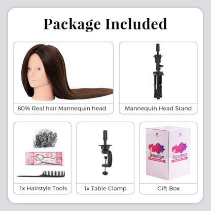28 Inch Mannequin Head 80% Real Hair with Tripod Stand, Cosmetology Manikin Practice Doll Head,Braiding Hairdressing Head with Table Clamp + DIY Hair Styling Set #4 - color: Brown