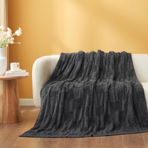 Snuggle Sac Faux Fur Checkered Blanket Twin Size with Soft Knitted Microfiber Fabric,Cozy Soft Warm Blanket for Sofa Bedroom Living Room,Solid Dark Grey,60x80 inches - color: Solid Dark Grey, size: Twin(60"x80")