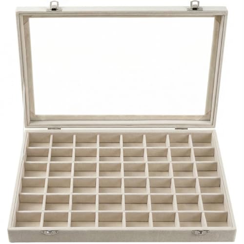 Velvet Jewelry Tray 48 Compartments Jewelry Box Display Organizer with Transparent Cover Earrings, Rings,Necklaces, Pendants Storage Box for Girls, Women,Wife, Mother(Beige) - color: 48 Grid