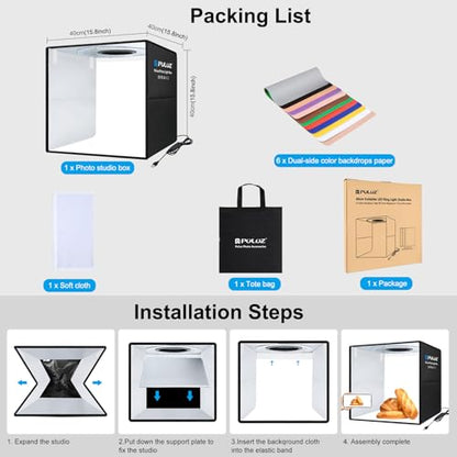 PULUZ 16x16 Inch High CRI≥95 Dimmable Light Box, 144 LED Photo Studio Lighting Kit with 6 Backdrops, Portable Shooting Tent for Product Photography - size: 16*16 inch