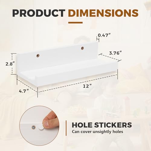 Muzilife 12" Small Floating Wall Ledge Shelves with Lip - Set of 2 Wood Floating Shelves - White Wall Mounted Picture Ledge for Office, Bathroom, Bedroom, Living Room, Kitchen - color: White, size: 12"