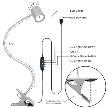 Dott Arts Desk Lamp,USB Clip On Light with 3 Color Modes,LED 10 Levels Brightness Reading Lamp, 360°Gooseneck Book Light,Eye-Care Reading Light for Home Office,Headboards Grey - color: Gray