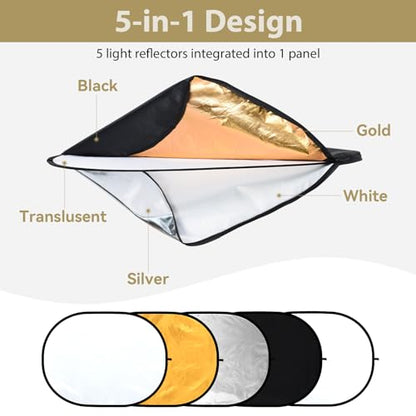 UTEBIT 35"x47"/90x120cm Photography Reflector with Stand & Clamp, 5-in-1 Oval Foldable Reflector with Carrying Bag,Translucent/Silver/Gold/White/Black Photography Reflector for Studio&Outdoor Lighting - size: 35x47 Inch